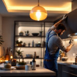 A photograph of a lighting contractor in action