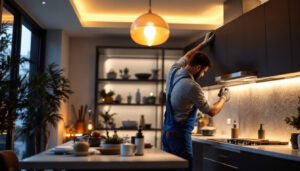 A photograph of a lighting contractor in action