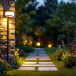 A photograph of a sleek outdoor led motion sensor light installed in a beautifully landscaped garden at dusk
