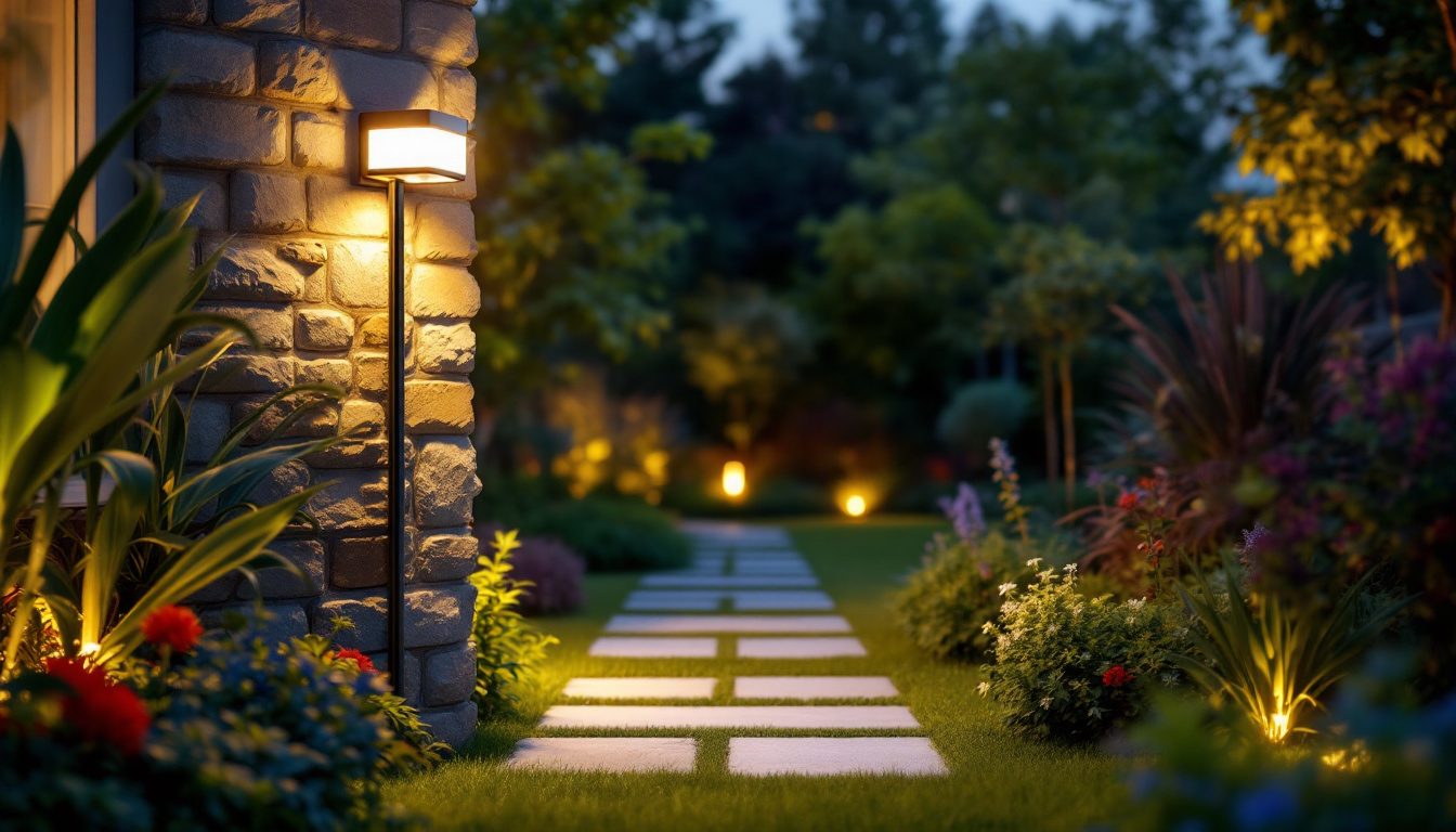 A photograph of a sleek outdoor led motion sensor light installed in a beautifully landscaped garden at dusk