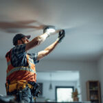 A photograph of a skilled lighting contractor installing retrofitted recessed can lights in a modern home setting