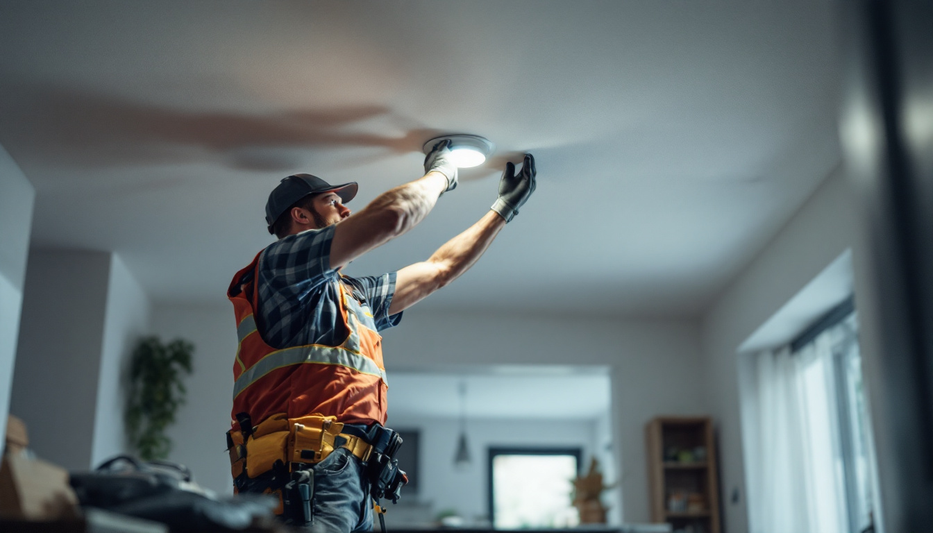 A photograph of a skilled lighting contractor installing retrofitted recessed can lights in a modern home setting