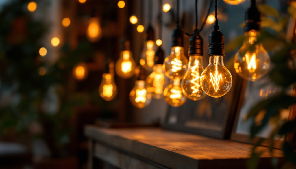 A photograph of a beautifully arranged display of various bulb decoration lights in a cozy