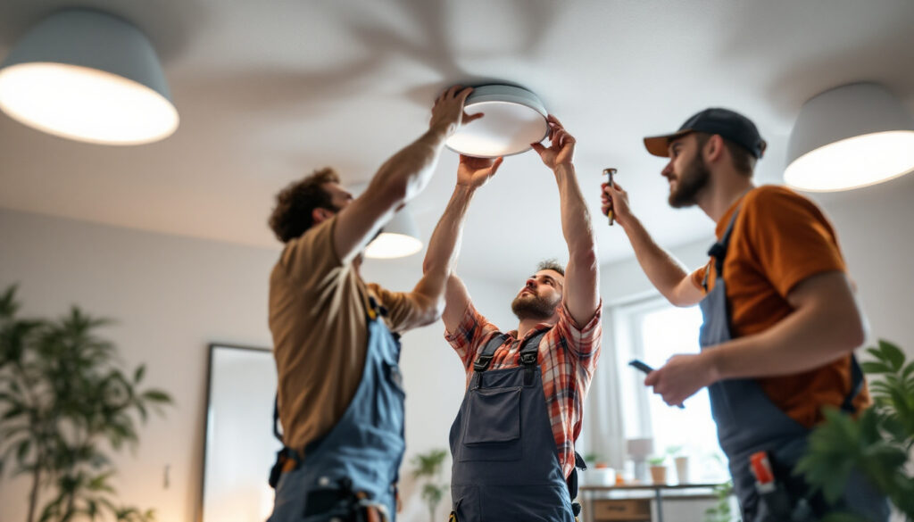 A photograph of a team of electricians or lighting professionals collaborating on the installation and adjustment of ceiling light cans in a well-lit room