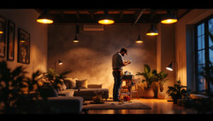 A photograph of a well-lit interior space featuring various styles and configurations of pot lights