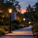 A photograph of a solar-powered post lantern illuminating a pathway in a residential setting during twilight