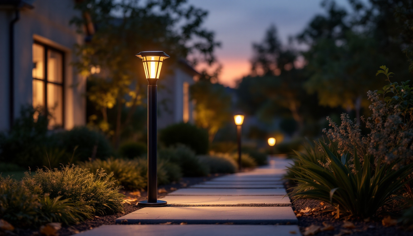 A photograph of a solar-powered post lantern illuminating a pathway in a residential setting during twilight