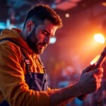 A photograph of a skilled lighting contractor expertly installing or demonstrating lighting whips in a vibrant