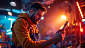 A photograph of a skilled lighting contractor expertly installing or demonstrating lighting whips in a vibrant