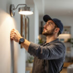 A photograph of a lighting contractor installing a sleek
