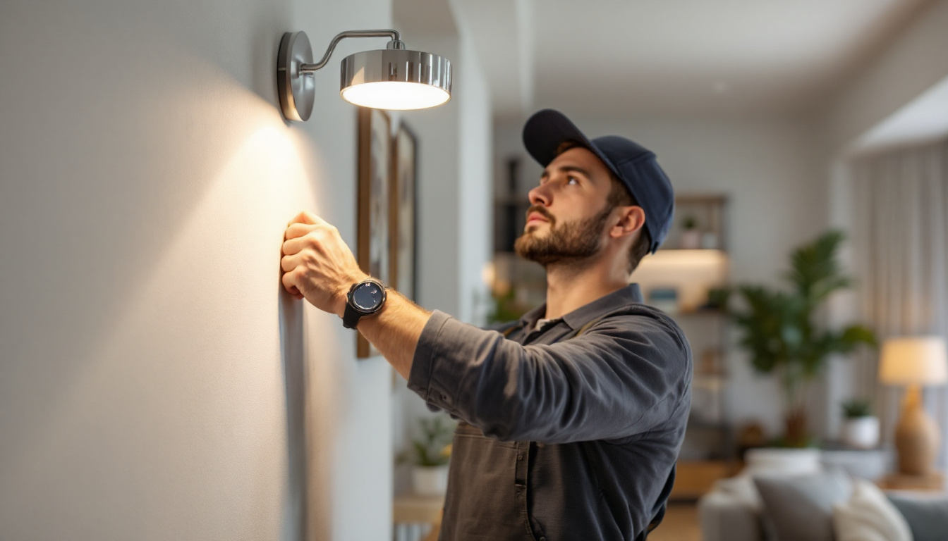 A photograph of a lighting contractor installing a sleek