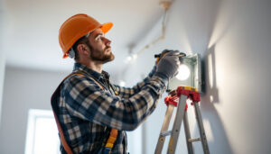 A photograph of a skilled lighting contractor installing a junction box for a light fixture in a well-lit