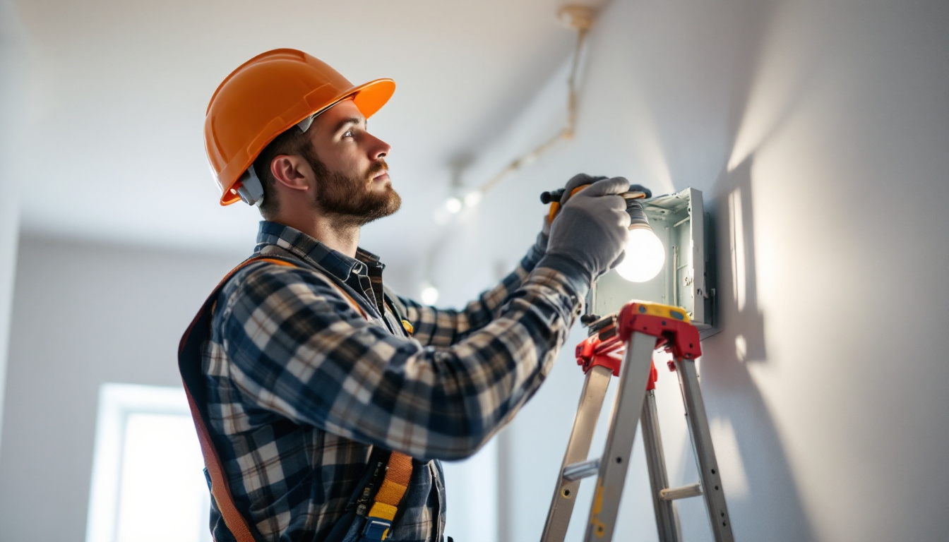A photograph of a skilled lighting contractor installing a junction box for a light fixture in a well-lit