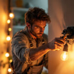 A photograph of a skilled lighting contractor working on installing or adjusting outlet lights in a home setting