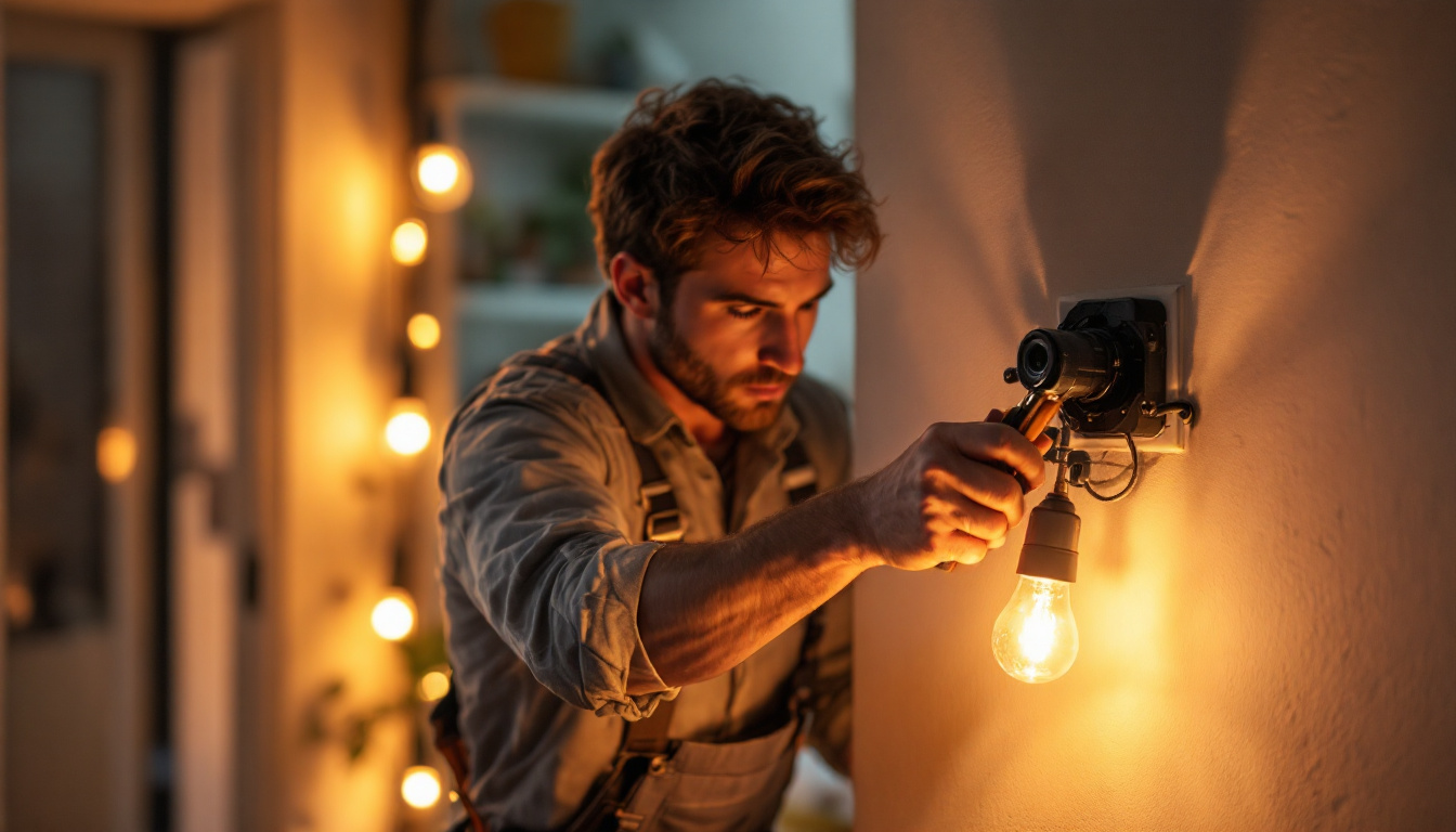 A photograph of a skilled lighting contractor working on installing or adjusting outlet lights in a home setting