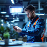 A photograph of a lighting contractor installing or demonstrating an ultraviolet lamp in a commercial setting