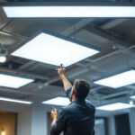 A photograph of capture a photograph of a well-lit commercial space featuring various led flat panel lights in use