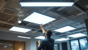 A photograph of capture a photograph of a well-lit commercial space featuring various led flat panel lights in use
