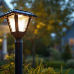 A photograph of a well-lit outdoor setting showcasing a solar post light in action
