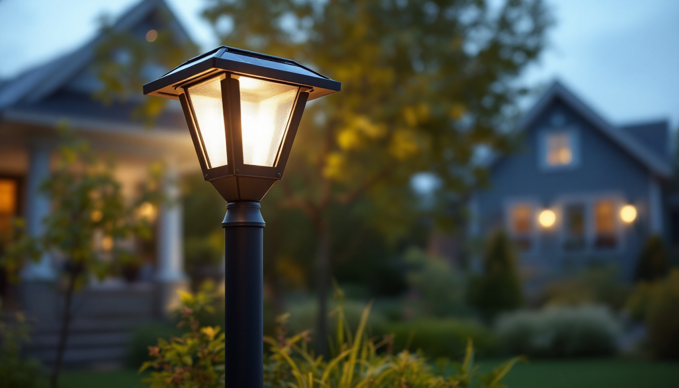 A photograph of a well-lit outdoor setting showcasing a solar post light in action