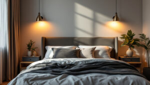 A photograph of a beautifully designed bedroom featuring stylish over bed lighting fixtures that create a warm