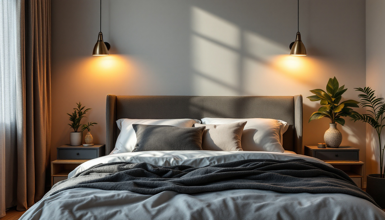A photograph of a beautifully designed bedroom featuring stylish over bed lighting fixtures that create a warm