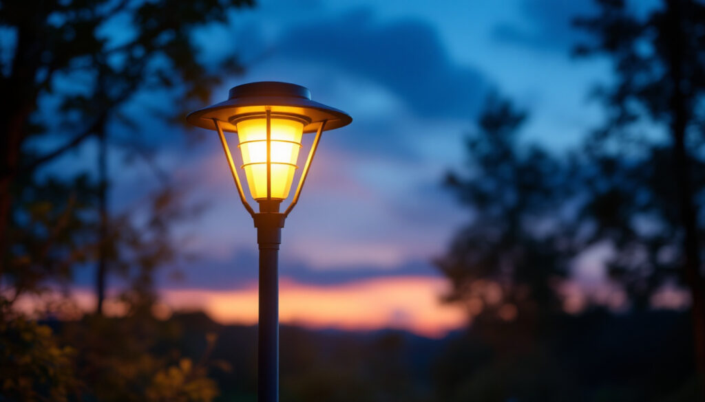 A photograph of a beautifully illuminated solar-powered lamp post in a serene outdoor setting during dusk