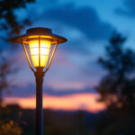 A photograph of a beautifully illuminated solar-powered lamp post in a serene outdoor setting during dusk