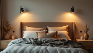 A photograph of a beautifully styled bedroom featuring a variety of over bed light fixtures