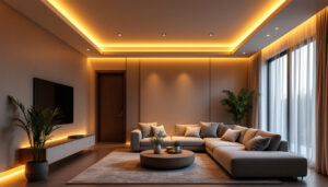 A photograph of a beautifully designed living space featuring recessed led lights