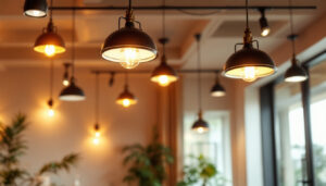 A photograph of a well-lit room showcasing various sizes of pot lights installed in a stylish ceiling