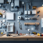 A photograph of a well-organized workspace featuring a variety of modern junction box covers alongside tools and lighting fixtures
