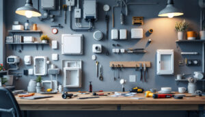 A photograph of a well-organized workspace featuring a variety of modern junction box covers alongside tools and lighting fixtures
