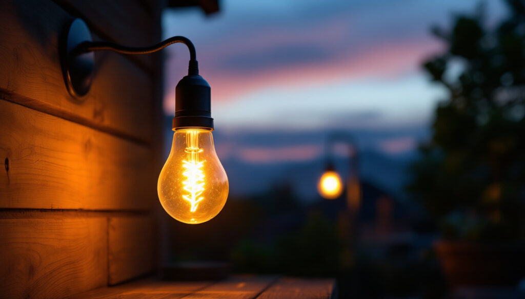 A photograph of a solar bulb lamp illuminating a workspace or outdoor area at dusk
