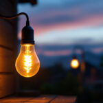 A photograph of a solar bulb lamp illuminating a workspace or outdoor area at dusk