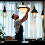A photograph of a skilled lighting contractor expertly installing or adjusting elegant light fixtures in a beautifully lit room