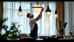 A photograph of a skilled lighting contractor expertly installing or adjusting elegant light fixtures in a beautifully lit room
