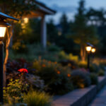 A photograph of a beautifully illuminated outdoor solar post light in a landscaped garden setting during dusk
