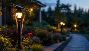 A photograph of a beautifully illuminated outdoor solar post light in a landscaped garden setting during dusk