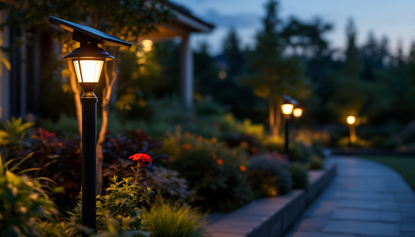 A photograph of a beautifully illuminated outdoor solar post light in a landscaped garden setting during dusk