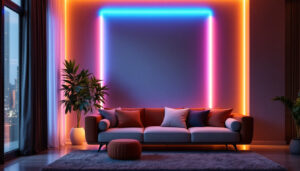A photograph of a stylishly arranged led wall strip light installation in a modern interior setting