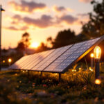 A photograph of a well-lit outdoor scene featuring solar panels integrated into a stylish lighting installation