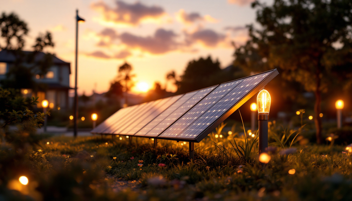 A photograph of a well-lit outdoor scene featuring solar panels integrated into a stylish lighting installation