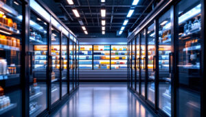A photograph of a well-lit walk-in cooler showcasing various types of lighting fixtures installed by a contractor