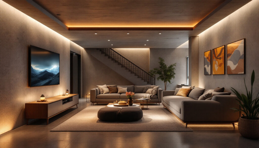 A photograph of a modern basement space illuminated with innovative lighting solutions