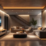 A photograph of a modern basement space illuminated with innovative lighting solutions