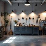 A photograph of a well-lit garage showcasing a variety of stylish and functional lighting fixtures