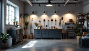 A photograph of a well-lit garage showcasing a variety of stylish and functional lighting fixtures