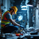 A photograph of a lighting contractor actively working on a project