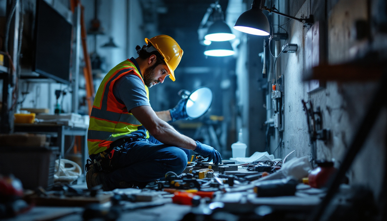 A photograph of a lighting contractor actively working on a project